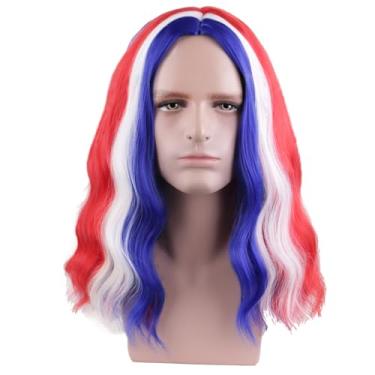 Imagem de MAGQOO Peruca masculina vermelha, azul, branca, 4 de julho, ondulada, vermelha, azul, branca, parte do meio, bandeira americana, dia da independência, peruca sintética resistente ao calor, cosplay