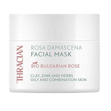 Imagem de Thracian Máscara facial Bio Rosa Damascena, máscara natural de argila de limpeza suave com zinco e água de rosas búlgara para cravos, acne, poros grandes, pele oleosa, 100 ml, 3,4 Fl Oz