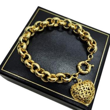 Imagem de Pulseira Elos Portugueses 11mm Coração Decorado Banho De Ouro 1797K - 