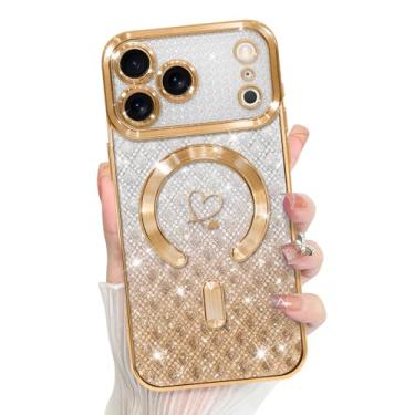Imagem de Bonoma Capa compatível com iPhone 17 Pro 2025 com suporte para MagSafe, capa quadriculada magnética com glitter coração chapeado TPU proteção para câmera capa traseira para meninas e mulheres - ouro