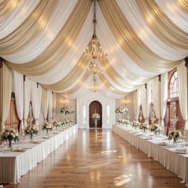 Imagem de Cortinas de teto bege de 3,5 m × 10 m para festas de casamento, 2 painéis de 1,5 x 10 m de comprimento, cortinas de tenda para eventos, sem rugas, fácil de drapear, pendurar e pendurar cortina de teto