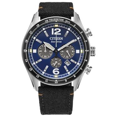 Imagem de Citizen Relógio masculino casual esportivo Eco-Drive, pulseira de nylon preta, mostrador azul, cronógrafo, data (modelo: CA4654-12M)