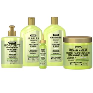 Imagem de Kit Gota Dourada com Máscara Hidratante 500g e Creme Antiqueda para Pentear 320ml e Tônico Antiqueda 100ml Tratamento Completo Antiqueda