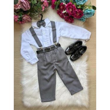 Imagem de Conjunto Suspensório Cinza Grafite com Camisa Branca e Calça Marsala -