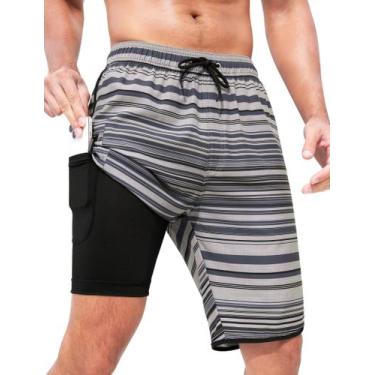 Imagem de Calções de banho SILKWORLD masculinos com forro de compressão azul aci