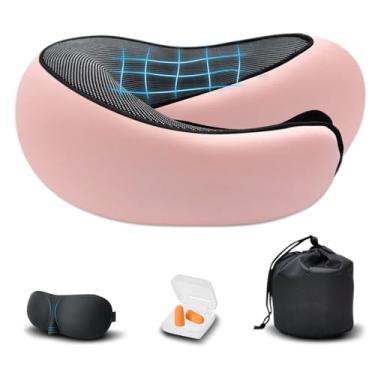 Imagem de Almofada de pescoço para aviões, espuma viscoelástica vem com bolsa de armazenamento, tampões de ouvido, máscara ocular para viagens, escritórios e carros, rosa
