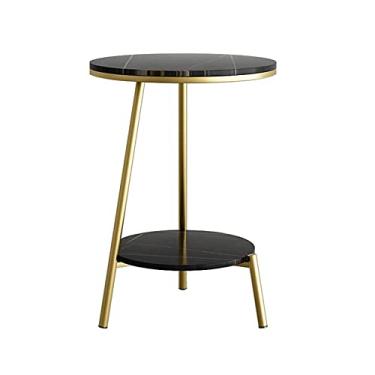Imagem de Mesa de centro de design simples, mesa de cabeceira redonda, multifuncional, mesa pequena de 2 andares, mesa de centro criativa de mármore, mesa de ferro para sofá, mesa de cabeceira de metal, mesa