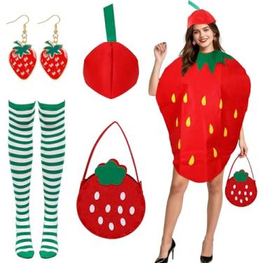 Imagem de SOMEITIA Fantasia feminina de morango, 5 peças, fantasia de morango, com chapéu, bolsa, brincos, meias para Halloween, Vermelho, M