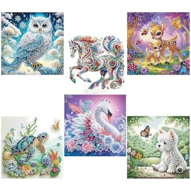 Imagem de JJBSWYMT Pacote com 6 kits de pintura de diamante de formato especial para adultos iniciantes, kits de arte de diamante de animais 5D, pontos de diamante DIY com pedras de diamante, arte e artesanato