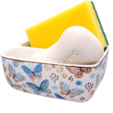 Imagem de LEAZUL Suporte de esponja de cerâmica com 2 compartimentos para pia de cozinha, bonito suporte de esponjas de bancada floral, organizador de pia de fazenda, borboleta