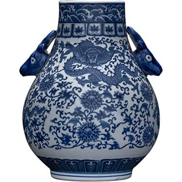 Imagem de LIFOND Vaso de flores vaso de cerâmica chinês retrô azul e branco arranjo de flores de porcelana 29 cm grande pintado à mão decoração de vaso de flores decoração de mesa