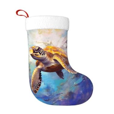 Imagem de Navuxu Meia de Natal personalizada com estampa de tartaruga marinha costeira grande 45,7 cm para decorações de festa de Natal, decoração de lareira