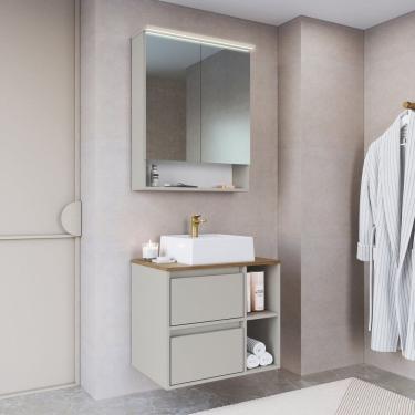 Imagem de Conjunto para Banheiro Gabinete Suspenso 60cm com Cuba Espelheira com Led Arenas