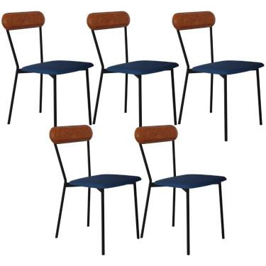 Imagem de Kit 05 Cadeiras Estofada Para Sala de Jantar Liora Preto C01 Linho Azul Courino Caramelo  - Lyam Decor
