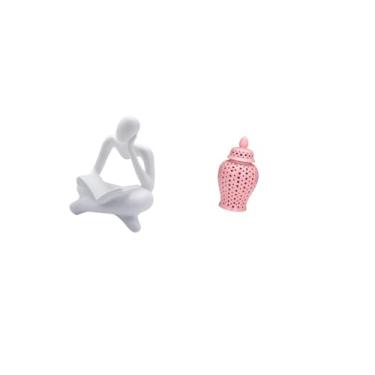 Imagem de Fenteer Vaso de Porcelana Abstrata com Estátua de Pensador para Mesa, Sala de Estar, Prateleira, Escritório, Estante, Jarra Decorativa com Tampa, Arranjo Flor