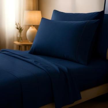 Imagem de Jogo de Cama Casal 400 Fios - Lençol com Elástico e Fronha Envelope, Conforto e Sofisticação(Azul Marinho,Queen 3 peças)