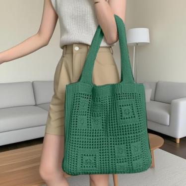 Imagem de Bolsa de ombro de crochê feita à mão para mulheres, vintage, vazada, de malha, leve, para praia, compras, viagens, Verde esmeralda, Casual