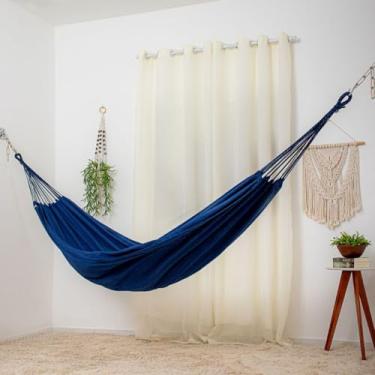 Imagem de Rede de Descanso Casal em Algodão 3,90m x 1,40m – Rede de Dormir para Varanda, Jardim e Camping(Azul com Preto)