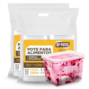 Imagem de Pote Descartável 2000ml Retangular Com Tampa Freezer Microondas Sorvete Açai Bolo Marmita (Transparente, 48 Unidades)