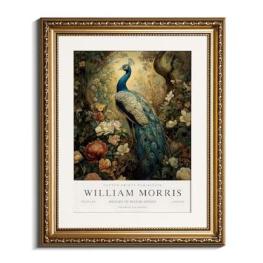 Imagem de InSimSea Arte de parede emoldurada em ouro retrô, arte de impressão em tela pavão William Morris, decoração de prateleira pequena, 33 x 40 cm, decoração de fotos vintage para quarto, banheiro, sala de