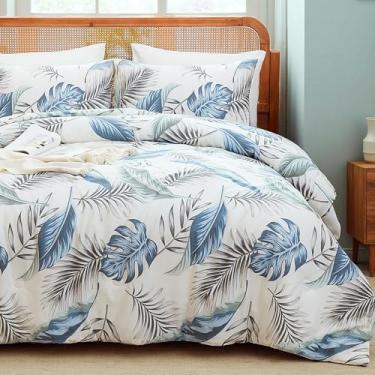 Imagem de Merryword Conjunto de edredom King de algodão azul com folhas de palmeira azul, plantas tropicais, botânico, contemporâneo, reversível, 3 peças