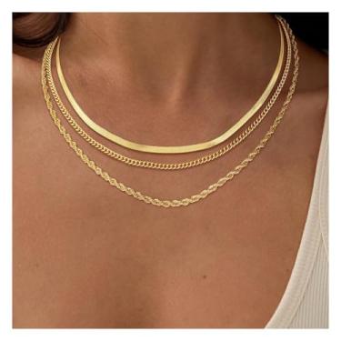 Imagem de Colares femininos em camadas delicados banhados a ouro com corrente de cobra, corrente de ouro, elos cubanos, espinha de peixe, joias para presentes, One Size, Latão, Sem Pedra Preciosa