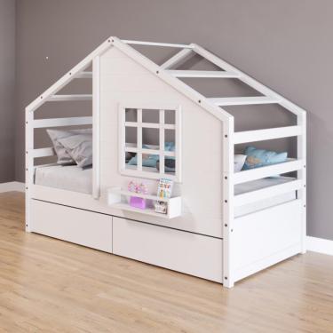 Imagem de Cama Casinha Com Janela Com 02 Gavetas Madeira Maciça Branco Housin