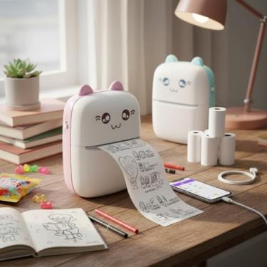 Imagem de Mini Impressora Térmica Portátil sem fio Impressão Bluetooth para Fotos, Scanners, Etiquetas, Notas, Desenhos para Colorir. BT 200dpi Com Cabo USB. Cor Rosa