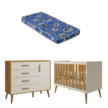 Imagem de Kit Berço Americano Isis com Cômoda Infantil em MDF com Colchão Incluso Bege para Quartinho Moderno