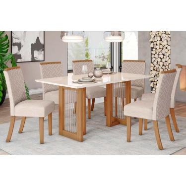 Imagem de Conjunto Mesa De Cozinha Yara Com Tampo Madeirado Com Vidro Reto 160x90cm E 6 Cadeiras Malu Nature Linho Henn
