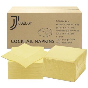 Imagem de JOWLOT Guardanapos de coquetel - 600 guardanapos amarelos de 2 camadas descartáveis, guardanapos de papel dobrados de 12 x 12 cm, guardanapos de bebidas a granel para jantar, casamento, bar, festa e