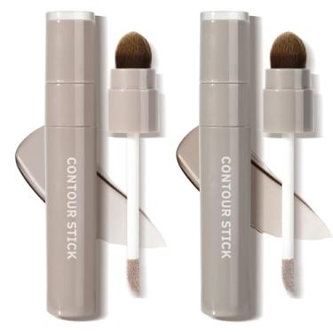 Imagem de 2 peças 2 em 1 bastão de contorno líquido com pincel, maquiagem suave para modelar o rosto, 01 marrom cinza frio + 02 marrom acinzentado quente