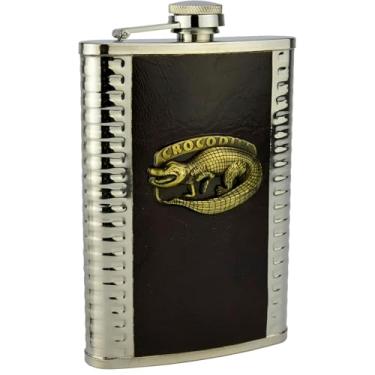 Imagem de Cantil Premium com Emblema de Crocodilo, Aço Inox e Couro Ecológico, 254,7ml, Tampa Rosqueável com Vedação, Design Luxuoso, 14x9,5x3cm, Marrom e Prateado