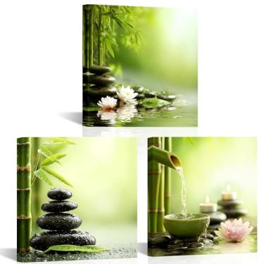 Imagem de VANSEEING Arte de parede zen verde impressões em tela decoração de banheiro pedra de bambu imagem de lótus arte contemporânea decoração de parede para meditação, ioga, spa, quarto, escritório, sala de