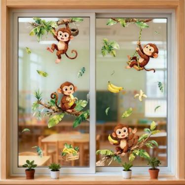 Imagem de ANATTASOUL Adesivo de janela estática fixa macaco e folhas 1 folha reutilizável para vidro, 120 cm x 30 cm adesivo de janela dupla face removível para quarto, escritório, decoração de casa