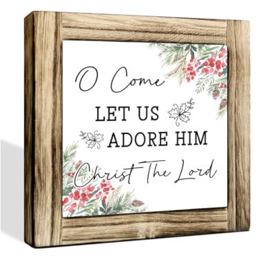 Imagem de Decoração rústica de Natal, O Come Let Us Adore Him Christ The Lord, decoração cristã para escritório doméstico, decoração de mesa, placas de madeira, decoração de Natal rústica de fazenda 5,9 x 5,9