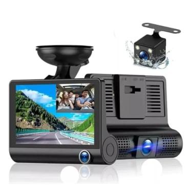 Imagem de Câmera Veicular 3 Lentes Full HD 1080p Visão Noturna Detecção de Movimento Gravação em Loop Sensor de Estacionamento Tela LCD 4” À Prova D’Água Compatível com Cartão SD até 32GB