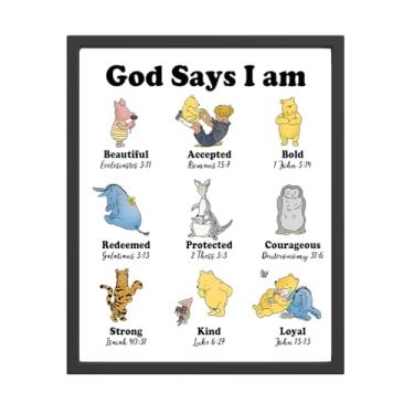 Imagem de Arte clássica de parede Winnie, God Says I am Biblical Affirmations Impressão de escritura inspiradora para casa, quarto, sala de estar, sala de aula (20 x 25 sem moldura)