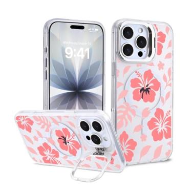 Imagem de Idocolors Capa magnética para iPhone 15 Pro Max, compatível com Magsafe, suporte de anel de lente embutido, linda capa de telefone rosa hibisco transparente para mulheres e meninas
