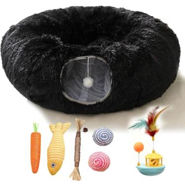 Imagem de Túnel de donut para gatos, pelúcia macia, esconde-esconde-esconde, túnel de donut, vem com brinquedos de brincar, adequado para gatinhos e coelhos pequenos, médios e grandes (preto)