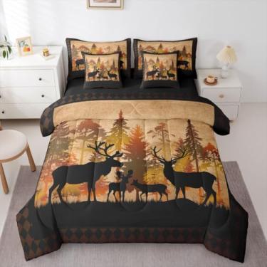 Imagem de Jogo de cama queen com veado de caça em um saco, 7 peças para crianças, casa de fazenda rústica | Conjunto de edredom retrô da floresta com estampa de animais da floresta para meninos, adolescentes e