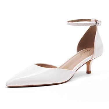 Imagem de GENSHUO Sapato social feminino com salto gatinho D'Orsay, bico fino de 5 cm com tira no tornozelo para casamento, negócios, casual, Patente branca, 41
