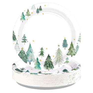 Imagem de Greencian 50 peças de pratos de papel para árvore de Natal 25,4 cm grandes pratos de sobremesa de pinheiro de inverno descartáveis suprimentos de festa de Natal para decorações de festa de feliz Natal