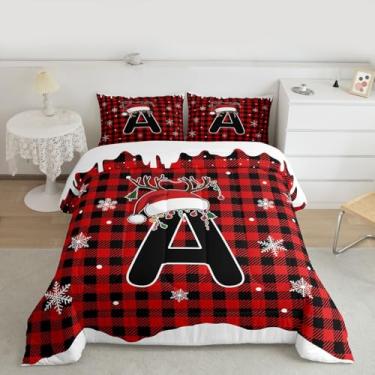 Imagem de jejeloiu Conjunto de cama macio para meninos e meninas, tamanho solteiro, com inicial, edredom de microfibra, xadrez, geométrico, para decoração de quarto, 2 peças com 1 fronha