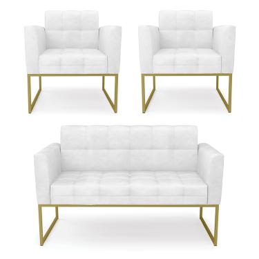 Imagem de Kit 1 Sofá Namoradeira e 2 Poltronas Elisa Corano Branco Base Metálica Industrial Dourado D03 - D'Rossi