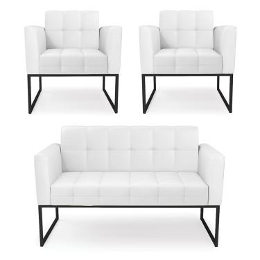 Imagem de Kit 1 Sofá Namoradeira e 2 Poltronas Elisa Corino Branco Base Metálica Industrial Preto D03 - D'Rossi