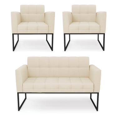 Imagem de Kit 1 Sofá Namoradeira e 2 Poltronas Elisa Linho Bege A19 Base Metálica Industrial Preto D03 - D'Rossi