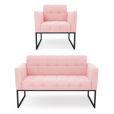 Imagem de Kit 1 Sofá Namoradeira e 1 Poltrona Elisa Suede Rosa Bebê Base Metálica Industrial Preto D03 - D'Rossi