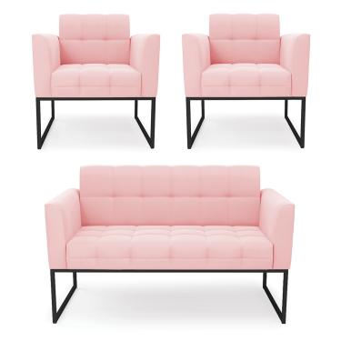 Imagem de Kit 1 Sofá Namoradeira e 2 Poltronas Elisa Suede Rosa Bebê Base Metálica Industrial Preto D03 - D'Rossi