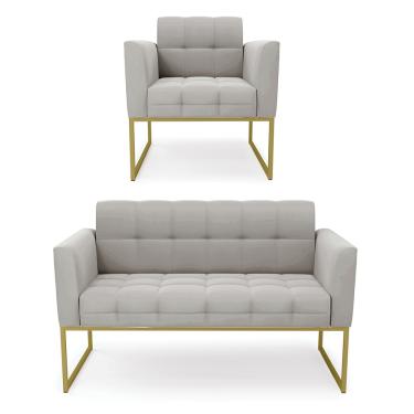 Imagem de Kit 1 Sofá Namoradeira e 1 Poltrona Elisa Veludo Cinza Base Metálica Industrial Dourado D03 - D'Rossi